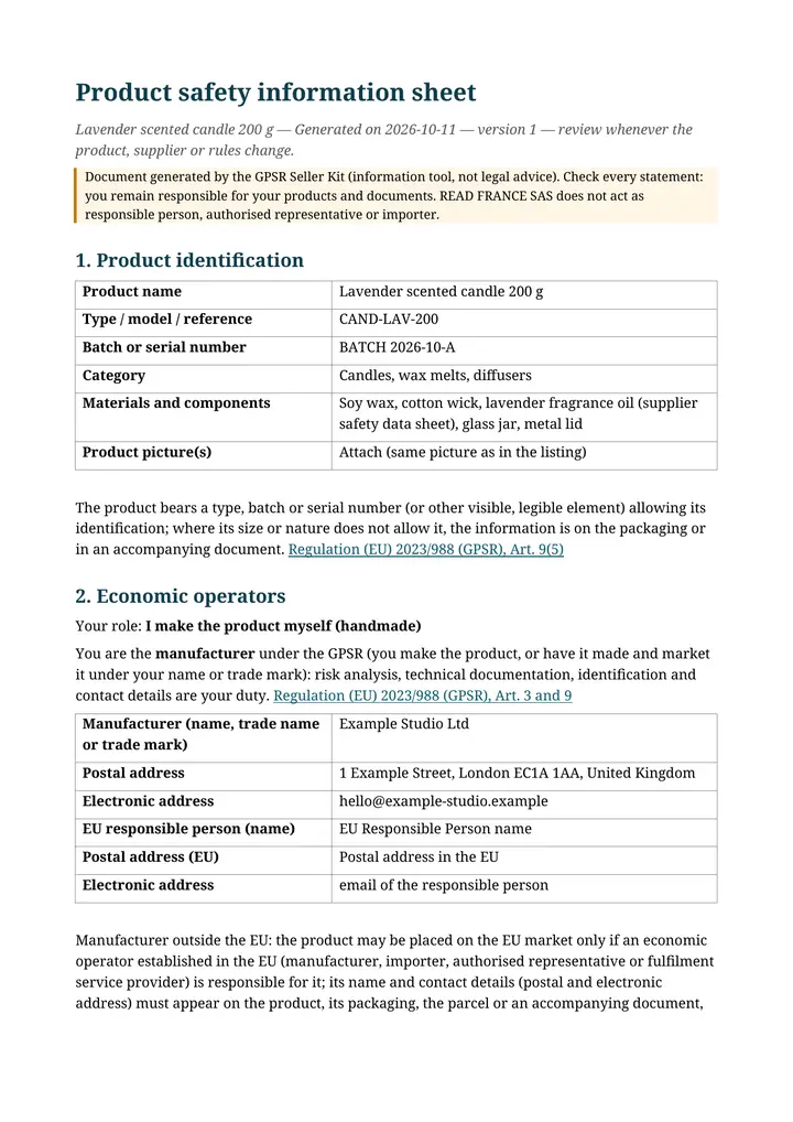 Safety information sheet produced by the free tool (example: candle)