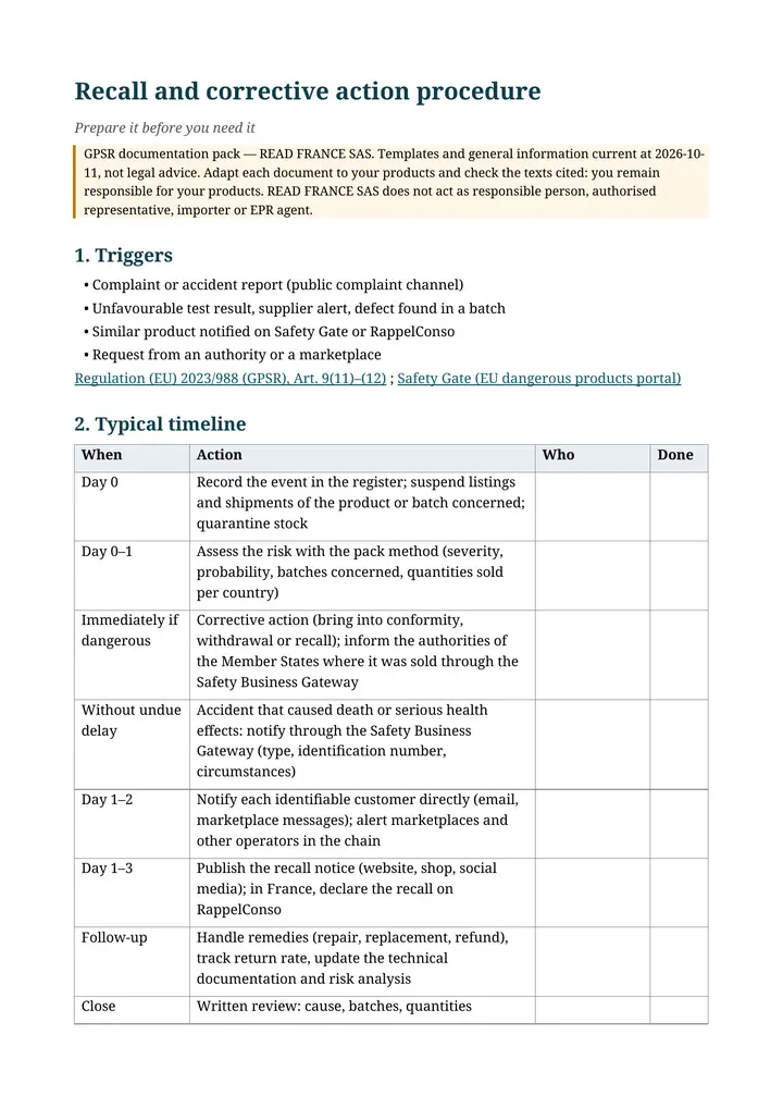 Recall procedure, page 1 (from the pack)