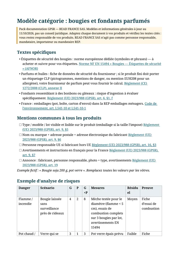 Modèle catégorie : bougies, page 1 (extrait du pack)