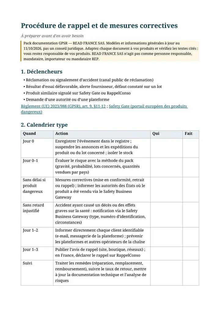 Procédure de rappel, page 1 (extrait du pack)