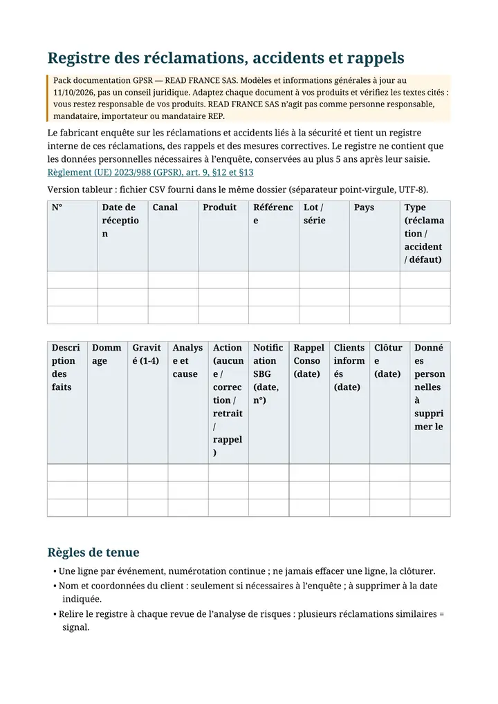 Registre des réclamations, page 1 (extrait du pack)